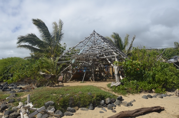 The hale (traditional Hawaiian house) Leimana built at the fishpond. He has plans to thatch it.
